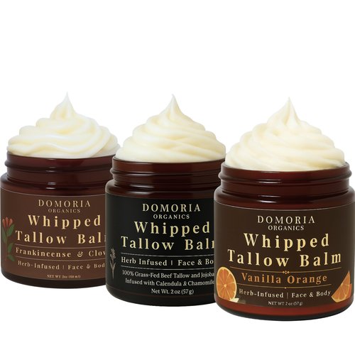 Domoria Organics 100% Grass-Fed Tallow Trio Balm Gift Set - Herb-Infused Chamomile & Calendula Moisturizer for Men, Women, Psoriasis, Eczema, Dry Sensitive Skin, 3 pack