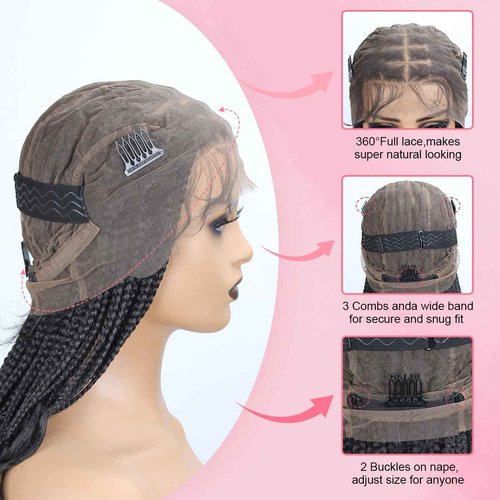 lounoke 18 Inch Braided Wigs With Curly Ends, 360 Single Full Lace French Curl Braided Wigs for Black Women Knotless Box Braid Wig with Baby's Hair