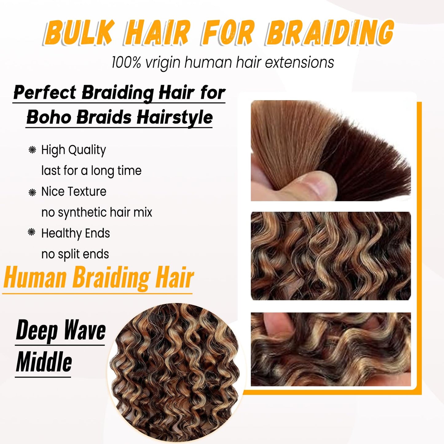 Human Braiding Hair Deep Wave Bulk Human Hair for Braiding 4/27 Honey Blonde No Weft Curly Braiding Hair Extensions for Boho Braids Wet and Wavy Braiding Human Hair Bundles 30 Inch 100g