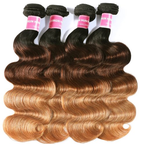 Sunber Ombre Brazilian Hair Bundles Body Wave 12A Grade Human Virgin Hair One Bundles 3 Tone 1B/4/27 Color Hair Extensions 18Inch T1B/4/27 Color