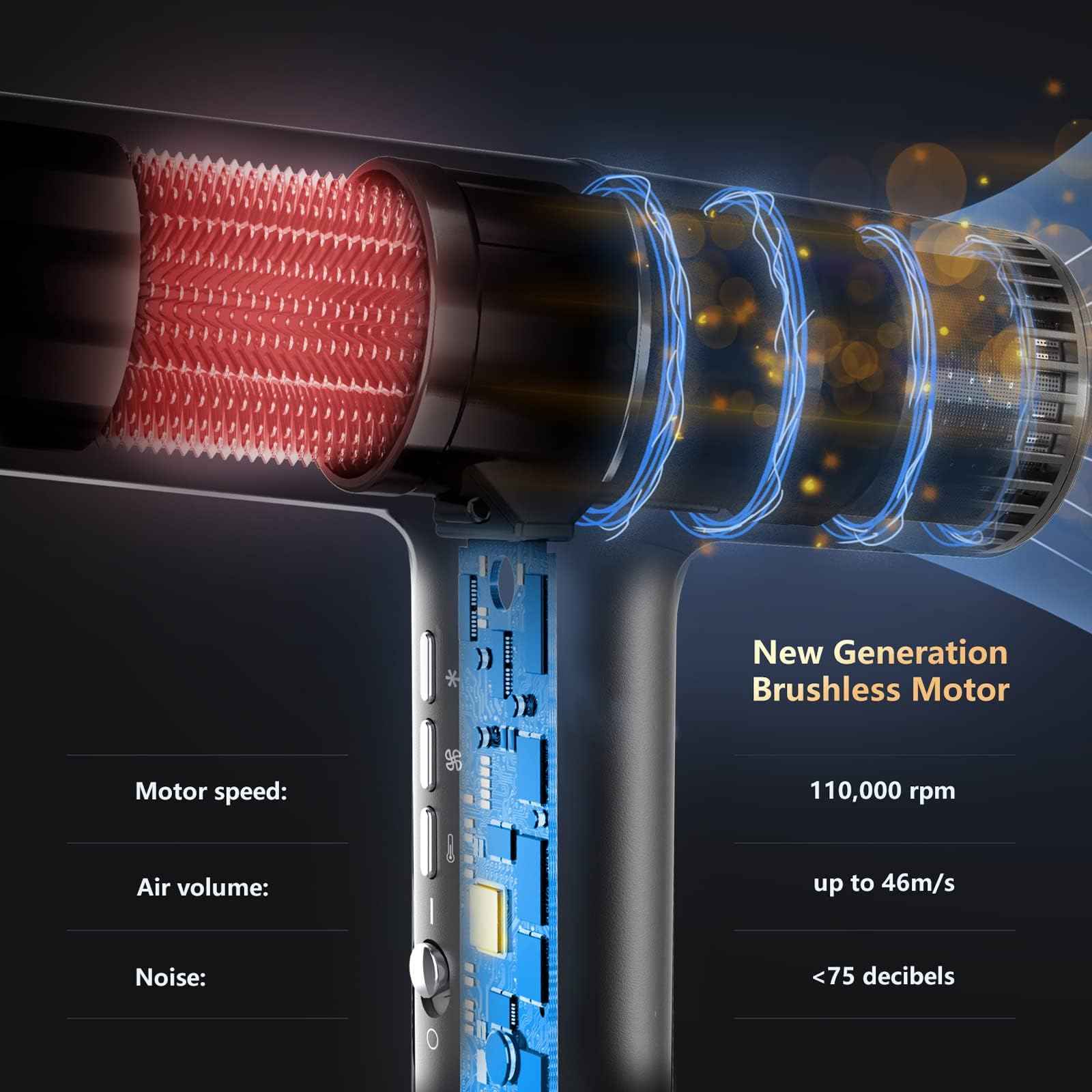 Hair Dryer, Professional Brushless Motor Ionic Hair Blow Dryer with Diffuser, Magnetic Nozzles, 0.83Pound, 2000W, 60dB, 3 Heat Settings & 3 Speed & Cold Settings, Diffuser Hair Dryer, Black