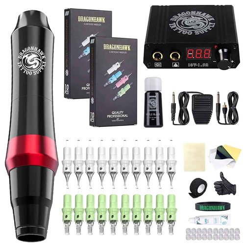 Dragonhawk S4 Tattoo Pen Kit, Complete Tattoo Machine Gun Kit, Slim Tattoo Pen with Cartridges Needles by Dragonhawklabs, Tattoo Power Supply & Black Tattoo Ink - General Tattoo Kit