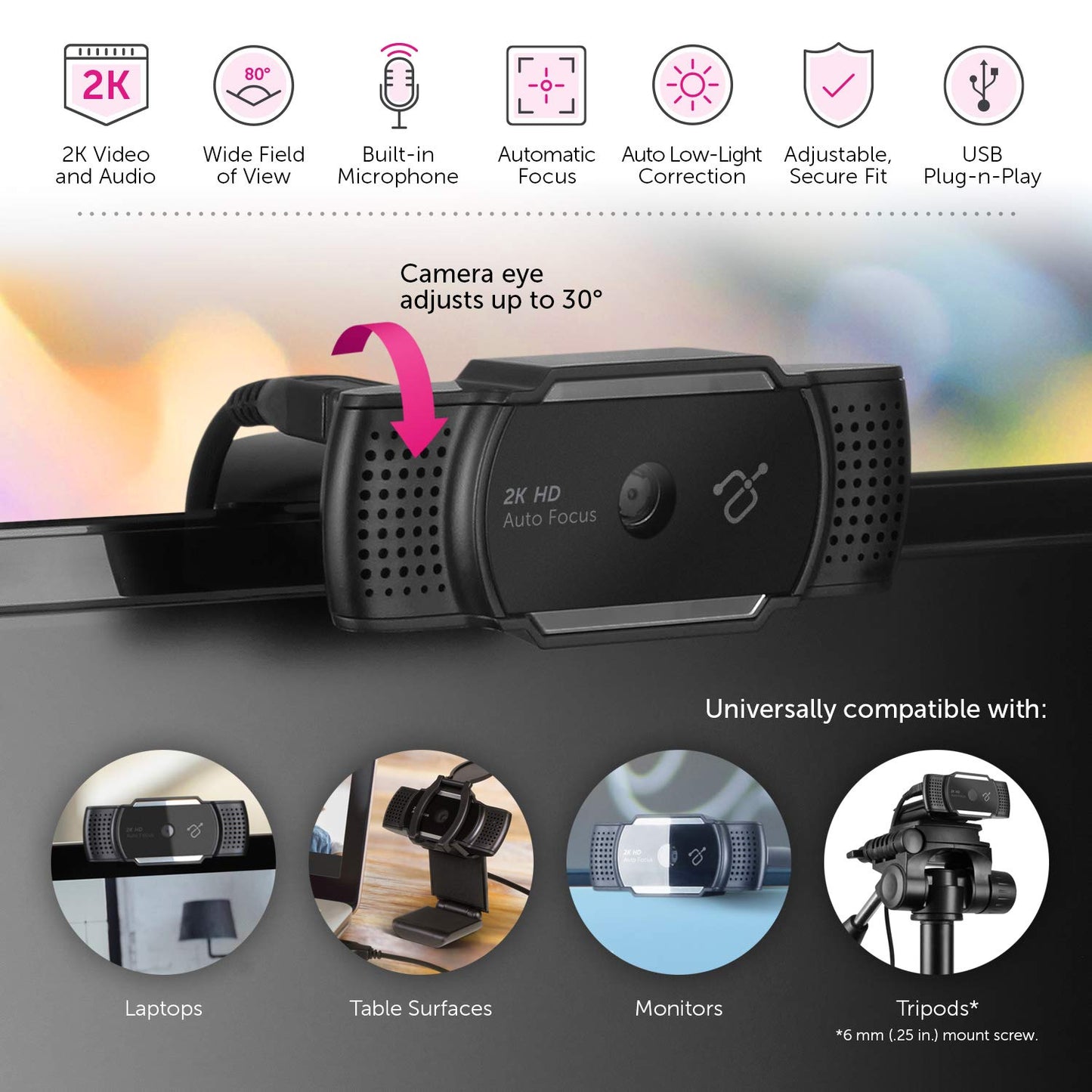 Aluratek 2K HD Webcam with Dual Stereo Noise Cancelling Mics, Auto Focus and Low Light Correction, Built-in Tripod Mount, Universally Compatible