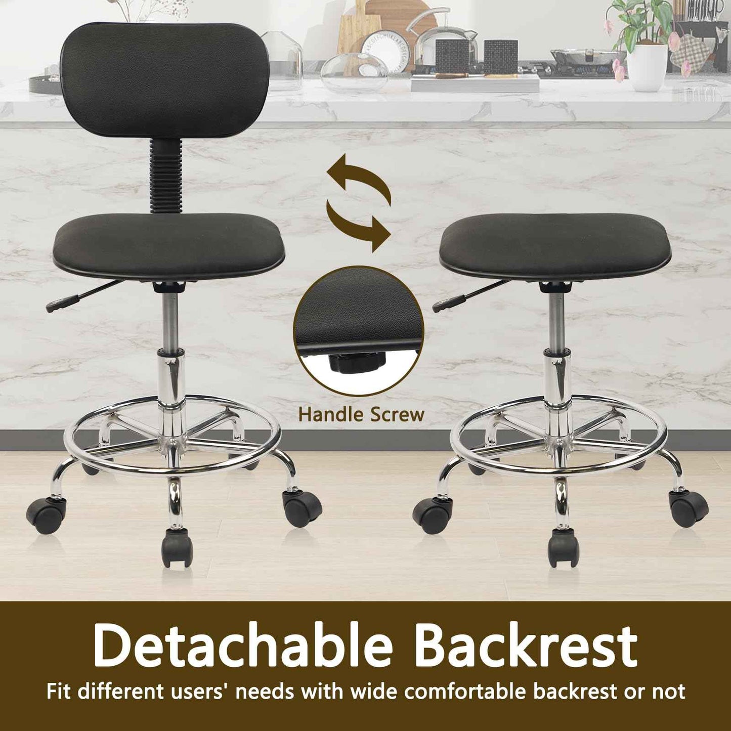 KLASIKA Low Wide Rolling Swivel Stool with Backrest, Adjustable Height Salon Chair Stools with Footrest for Spa Tattoo Office Desk Massage Task Lash Barber Facial, Black 1PK