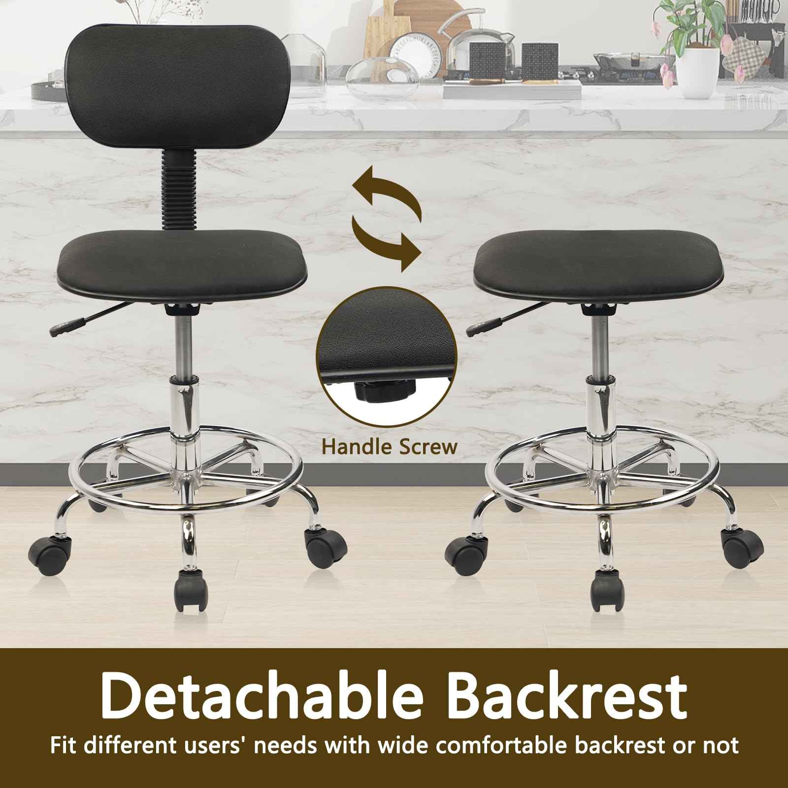 KLASIKA Low Wide Rolling Swivel Stool with Backrest, Adjustable Height Salon Chair Stools with Footrest for Spa Tattoo Office Desk Massage Task Lash Barber Facial, Black 1PK