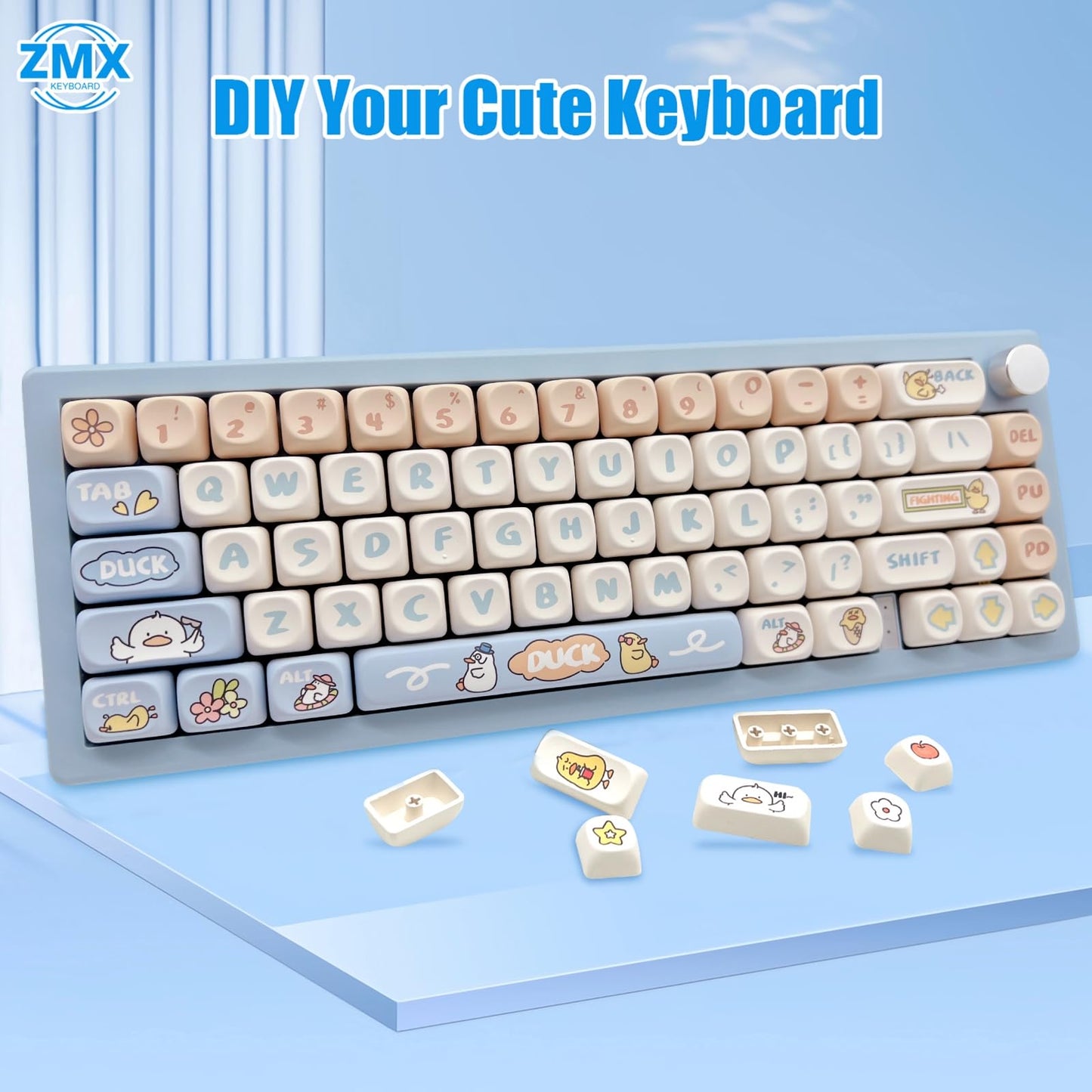 ZMX Cute Duck Keyboard Keycaps,MOA Profile 139 Keys Custom Keycaps Set Thick PBT Dye Sublimation Kawaii Round Key Cap for Cherry MX Switch 75% 60% 100-Percent Mechanical Gaming Keyboard