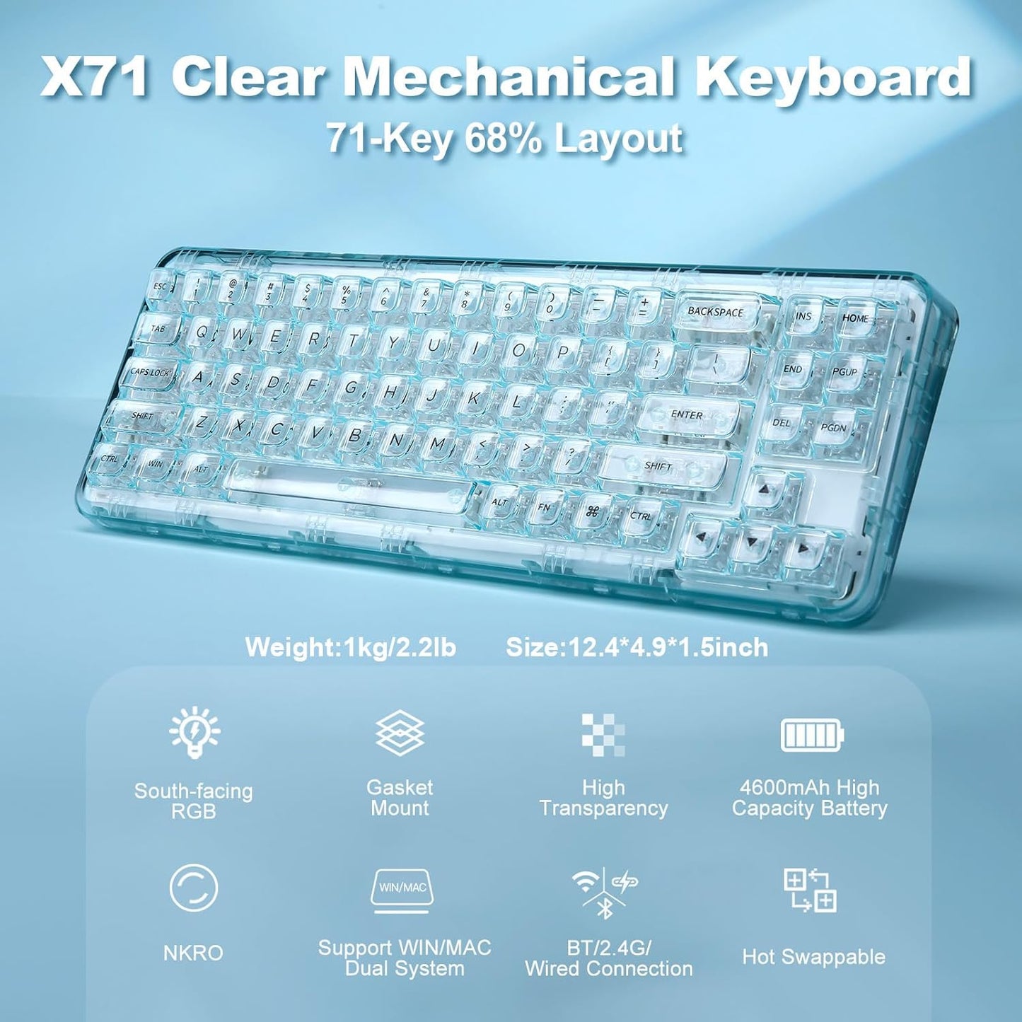 YUNZII X71 Wireless Hot Swappable Transparent Mechanical Keyboard with Clear Keycaps, 68% Layout, BT5.0/2.4G/USB-C Gasket Mount Wireless RGB Backlit for Windows/Mac(Crystal Ice Switch,White)