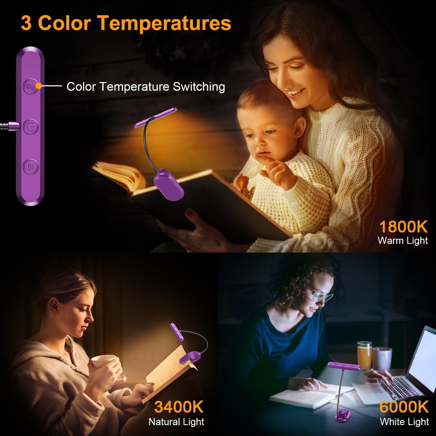 Gritin Rechargeable Book Light for Reading in Bed with 19 LED &Memory Function-Eye Caring 3 Color Temperatures,5 Brightness Levels,80 Hrs Runtime Flexible Goose Neck Clip on Light-Dark Purple