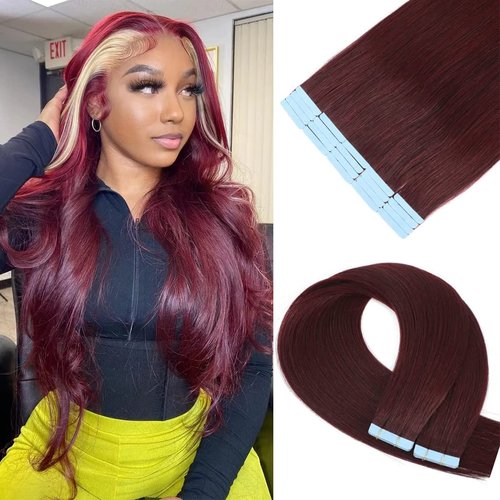 Tape in Hair Extenions 99j Burgundy Color 100% Remy Human Hair Tape in Straight Seamless Skin Weft Tape Hair Extensions Real Natural Hair Extensions 40g 20Pcs （24 inches）