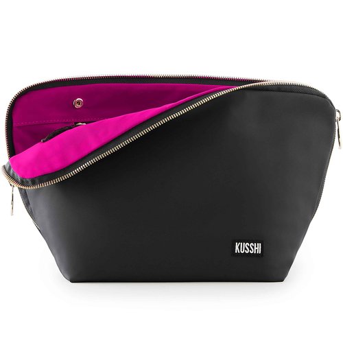 KUSSHI Washable Travel Makeup & Cosmetic Bag - Brush Organizer Sold Separately (Vacationer, Satin Black/Pink)