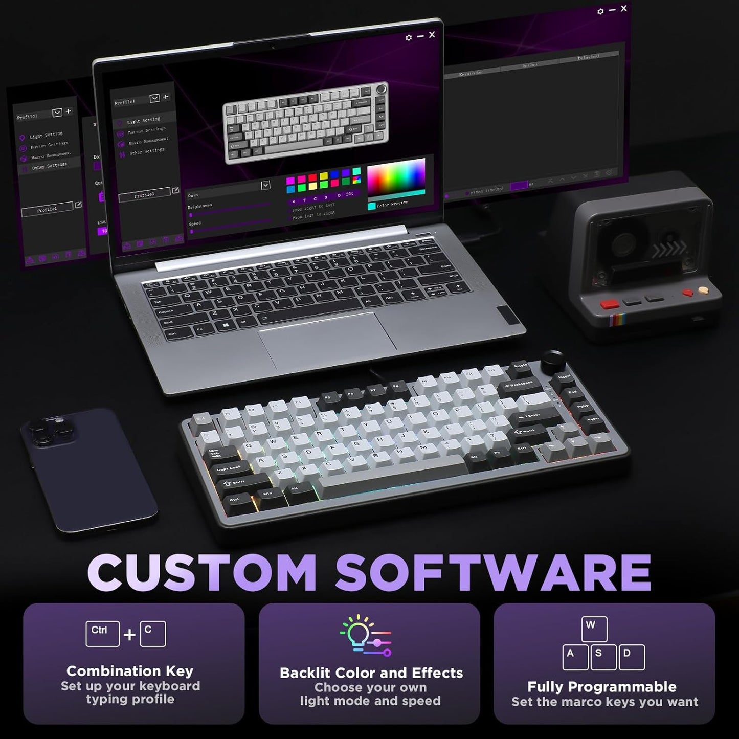 YUNZII B75 Mechanical Keyboard,75% Layout with Knob,Hot Swappable RGB Backlit Gasket Mounted, Creamy Typing, Double-Shot PBT Keycaps,Cherry Profile,for Win/Mac (Dark Grey, Cocoa Cream V2 Switch)