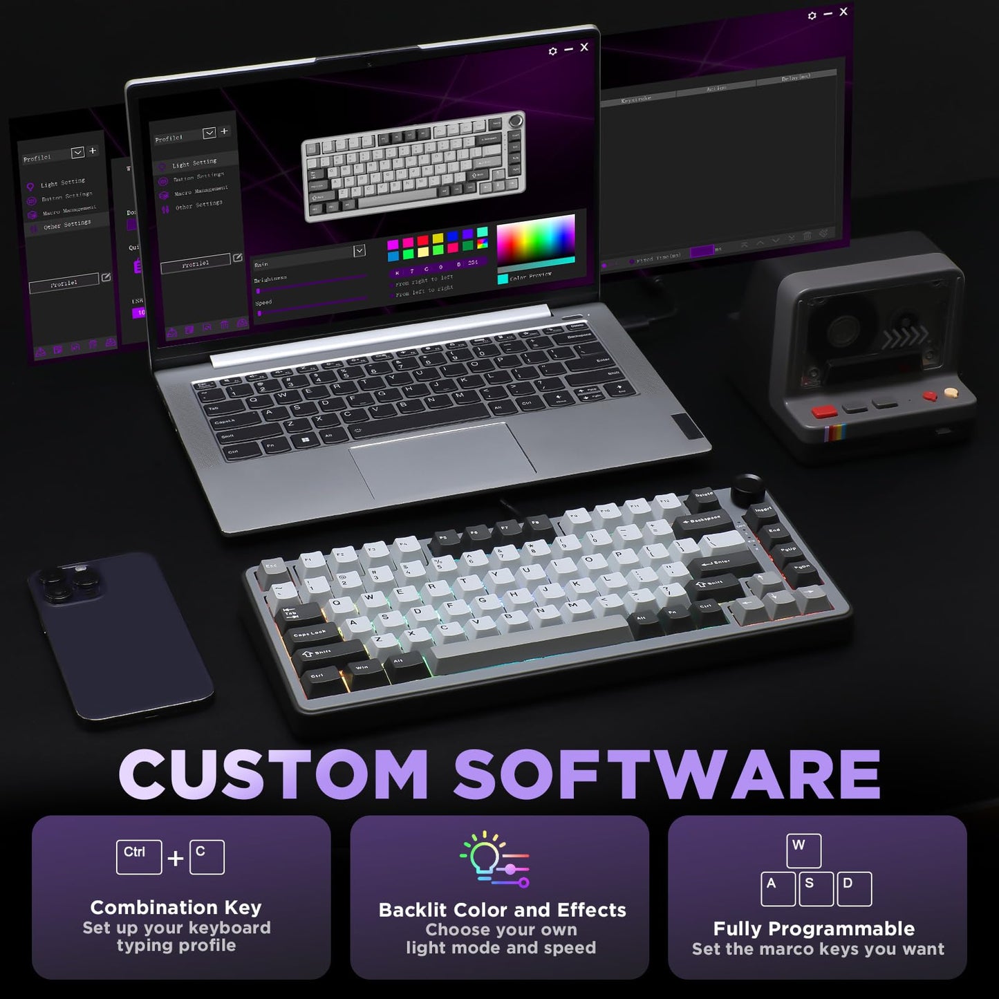 YUNZII B75 Mechanical Keyboard,75% Layout with Knob,Hot Swappable RGB Backlit Gasket Mounted, Creamy Typing, Double-Shot PBT Keycaps,Cherry Profile,for Win/Mac (Dark Grey, Cocoa Cream V2 Switch)