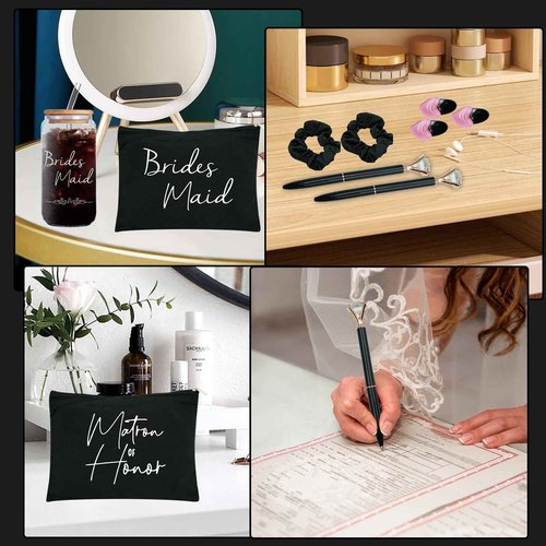 56 pcs Bridesmaid gifts bridesmaid proposal gifts, Maid of Honor Gifts contain 16oz Glass Cups Cosmetic Makeup Bags Invited Cards Scrunchies Hair Knotted Bracelets Diamond Pens love clip (Black)