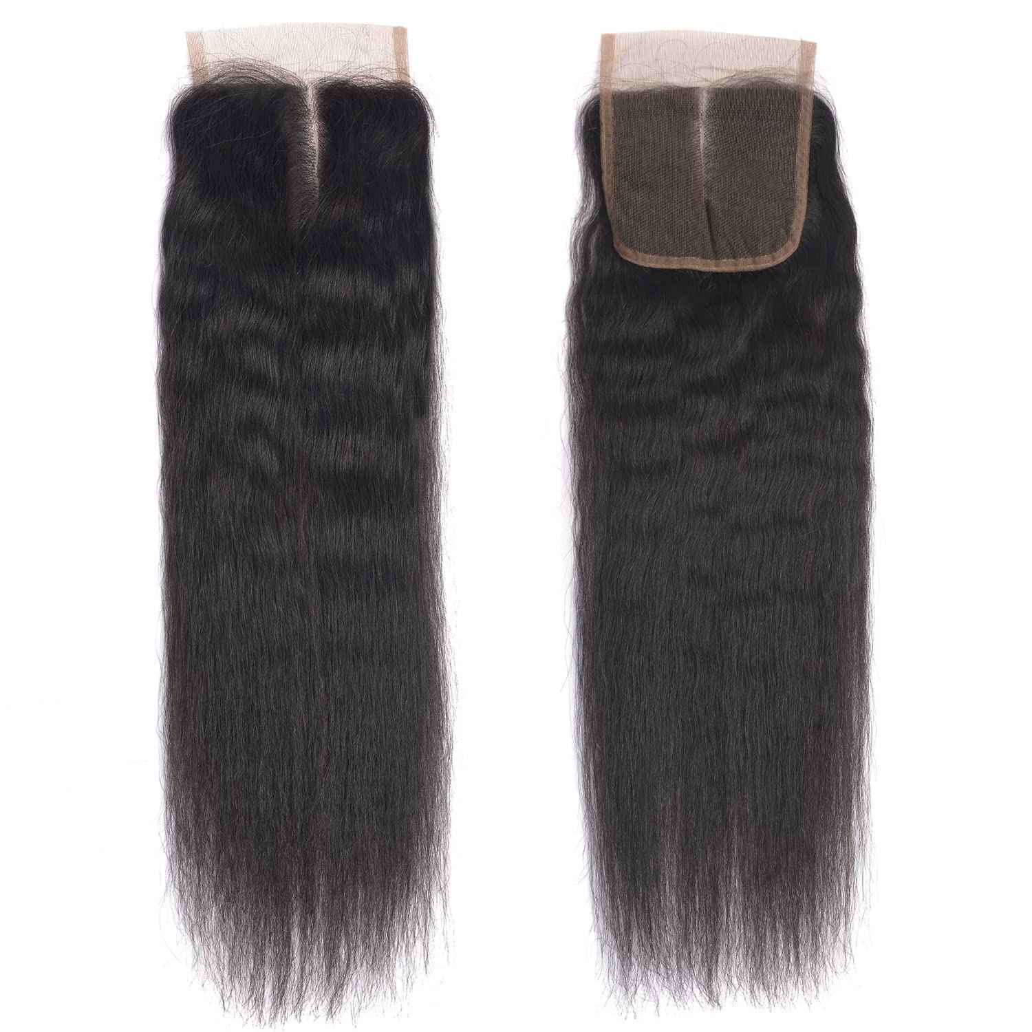 Kinky Straight Bundles with Closure Yaki Kinky Straight Human Hair 3 Bundles with 4x4 Lace Closure Unprocessed Brazilian Virgin Human Hair Weave Extensions Natural Color (14 16 18+12 closure)