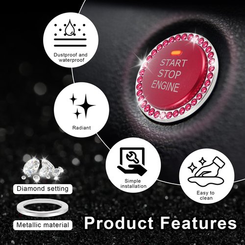 LivTee 2 PCS Crystal Combinatorial Rhinestone Car Engine Start Decoration Ring, Push to Start Button Cover Sticker, Bling Car Interior Accessories for Women, Automotive Decals, Red