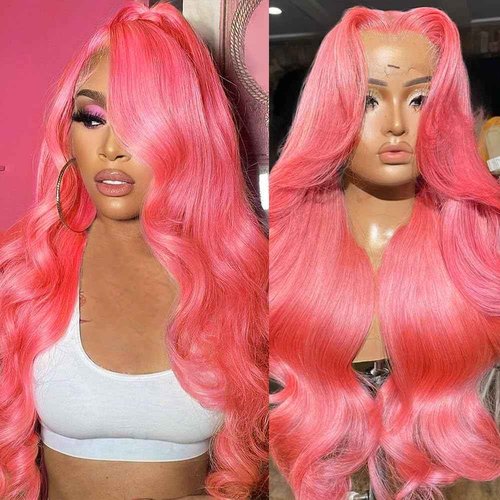 Pink Lace Front Wig Human Hair 200 Density Body Wave 13x4 HD Lace Front Wigs Human Hair Colored Pink Wig Human Hair Pre Plucked with Natural Hairline Anti-Shedding Freestyle Part for Parties 22 Inch