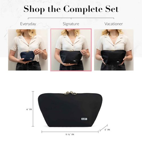 KUSSHI Washable Travel Makeup & Cosmetic Bag - Brush Organizer Sold Separately (Signature, Satin Black/Pink)