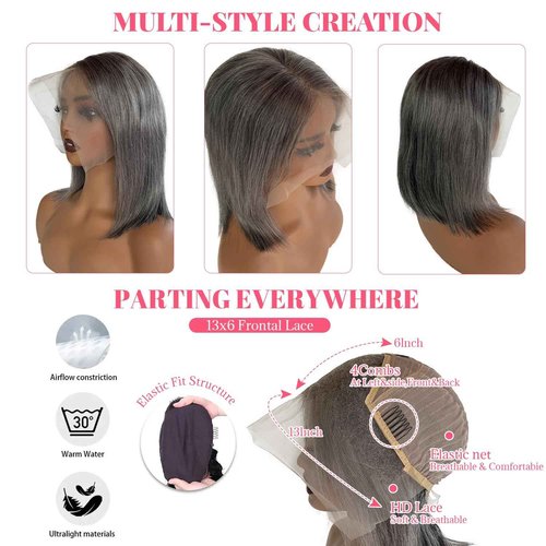 Salt and Pepper Bob Wigs 16 Inch Human Hair Straight White Grey 13x6 HD Transparent HD Lace Frontal Bob Wig Pre Cut Glueless Wigs for Women Bleacked Knots with Baby Hair Ombre Grey 180% Density