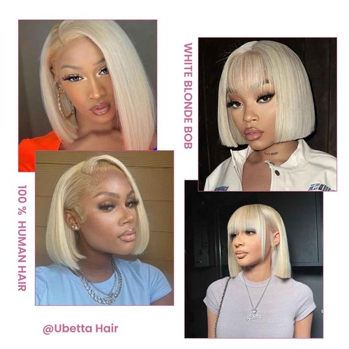 Ubetta White Blonde Lace Front Bob Wig Human Hair, Platinum Blonde 13x6 Lace Front Wigs Human Hair Pre Plucked White Blond Bob Wigs for Women 12 Inch 180% Density Bleachd Knots Swiss HD Lace