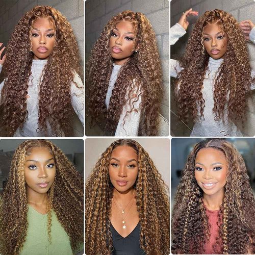 UFHUFH 20 inch Highlight Ombre Lace Front Wig Human Hair 200 Density Honey Blonde Wig Human Hair 13x4 HD 4/27 Deep Wave Lace Frontal Wigs Pre Plucked with Baby Hair