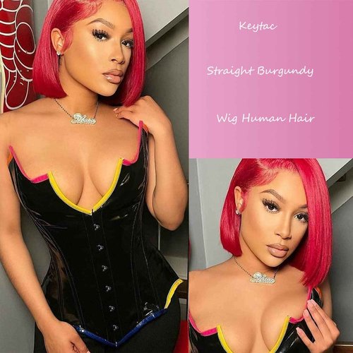 Keytac 99j Burgundy Bob Wig Human Hair 13x4 Lace Front Wigs 12 Inch Short Straight Wine Red Bob Wig Pre Plucked 180% Density Natural Hairline Wigs for Black Women