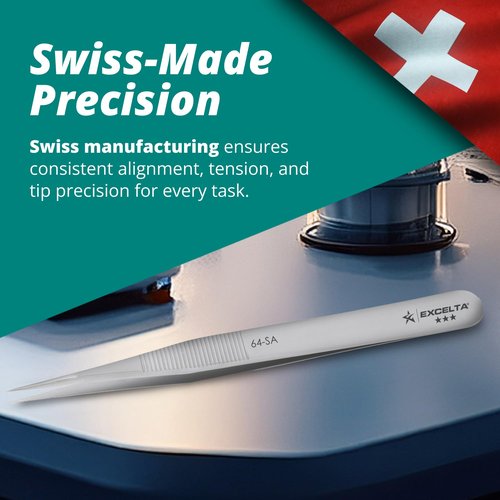 Excelta 64-SA Precision Tweezers, Straight Fine Tip, 4.75" Anti-Magnetic 316L Neverust Stainless Steel, Serrated Handle, ESD-Safe, Swiss-Made Tool for Electronics, Lab Use, Cleanroom & Forensics