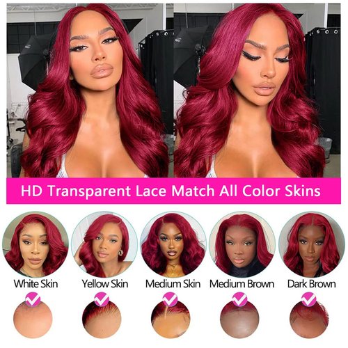 BOSDIOS 13x6 Burgundy Lace Front Wigs Human Hair Red 99J Body Wave Transparent Lace Frontal Wig Human Hair for Black Women Colored Wine Red Wig 200% Density Glueless Pre Plucked With Baby Hair(22in)