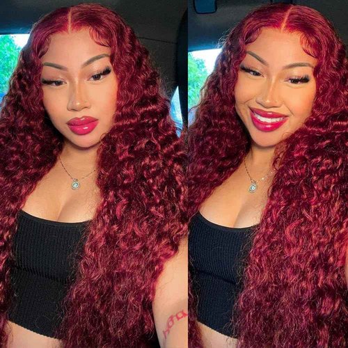 ILHILH 99J Burgundy Lace Front Wigs Human hair Deep Wave 13x6 HD Lace Frontal Wigs Human Hair Pre Plucked 200 Density Wine Red Colored 99J Curly human Wig with Baby Hair 26 inch Glueless Wig
