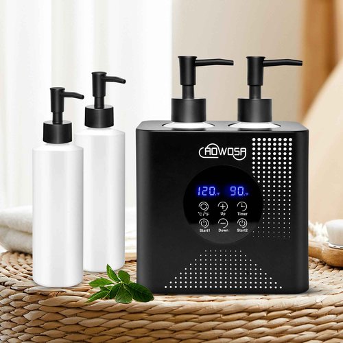 Massage Oil Warmer Double Bottle Professional Electric Lotion Digital Heater for SPA, Portable Oil Warmer Heated Cream for Beauty Salon Home, with ℃/℉ Switchable Display, Four Dispenser Bottle