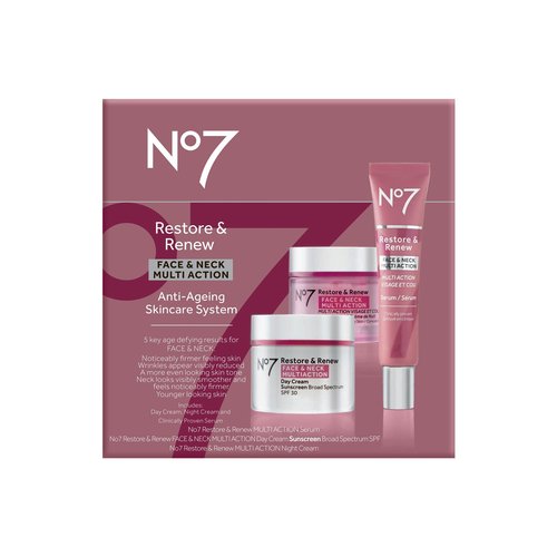 No7 Restore & Renew Face & Neck Multi Action Skincare System - SPF 30 Day Cream with Vitamin C & Collagen Peptides + Anti Aging Facial Serum + Hyaluronic Acid Hydrating Night Cream (3 Piece Kit)