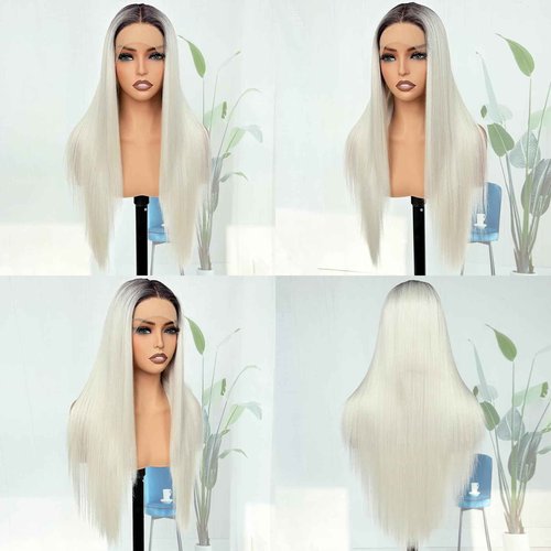 X-TRESS Platinum Blonde Synthetic Lace Front Wig Pre Plucked Ready to Wear 13x4x1 HD Glueless Straight Lace Front Wig for Women Natural Look Synthetic Heat Resistant Fiber Platinum Blonde Wig (26inch)