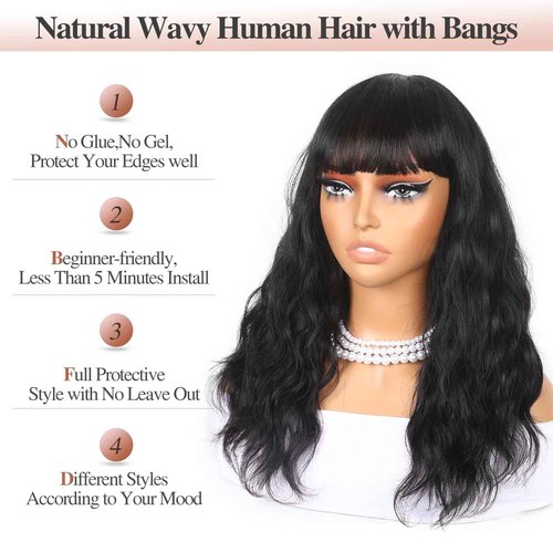 Lady Hanne Human Hair Wigs Natural Wave Human Hair Wig with Bangs for Black Women 18 inches None Lace Front Wear and Go Glueless Human Hair Wig
