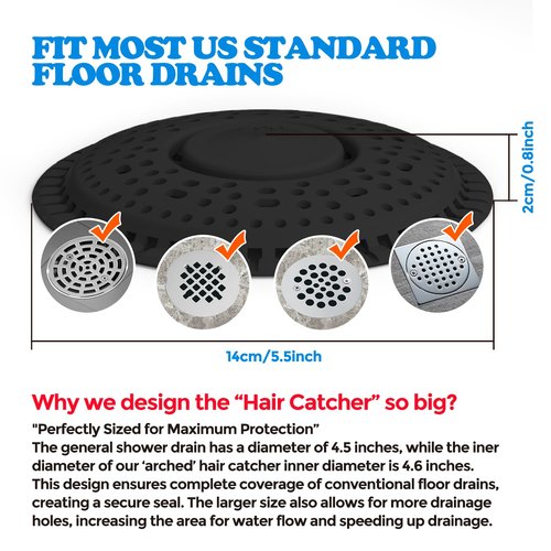 zaa Shower Drain Hair Catcher, Upgraded 2Pack Premium Silicone Drain Protector & Shower Drain Cover for Regular Floor Drains of Shower Room, Bathroom, Black