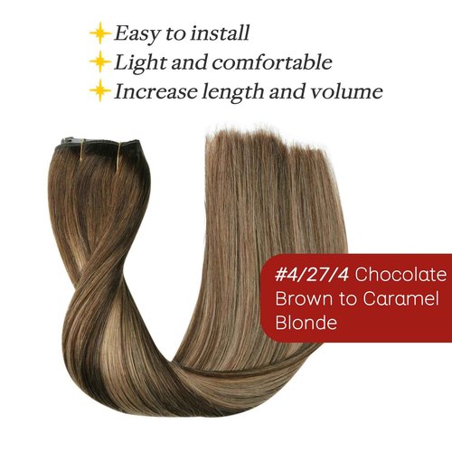SAFIRENY 20 Inch Straight Real Human Hair Wire Fish Line Hair Extensions 85g (#4/27/4 Chocolate Brown Mixed with Caramel Blonde)