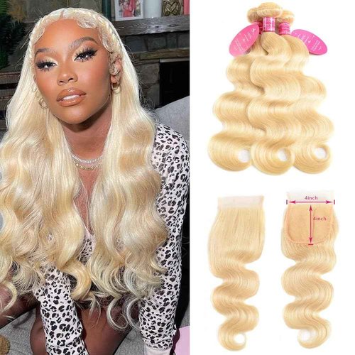 YISEA 613 Blonde Bundles With Closure Brazilian Body Wave 3 Bundles With Closure Blonde Human Hair Bundles With Closure Remy Hair (10 10 10+10, 613#)
