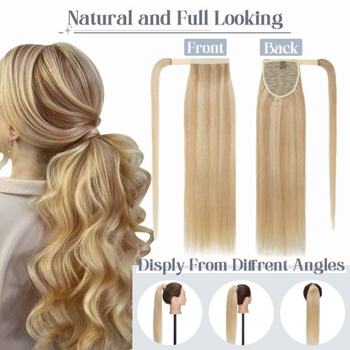 Rich Choices Ponytail Extension 100% Real Human Hair Wrap Around Remy Ponytail Extension for Women Clip In Long Pony tail Extensions Straight 22 Inch #18P613 Ash Blonde Highlighted Bleach Blonde