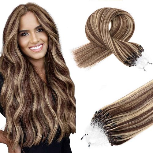 Kpvxxve 24 Inch Human Hair Extensions Micro Beads Hair Extensions Ombre Remy Human Hair Brown with Bleach Blonde Micro Loop Human #4/613 Microbeads Hair 50g 1g/s