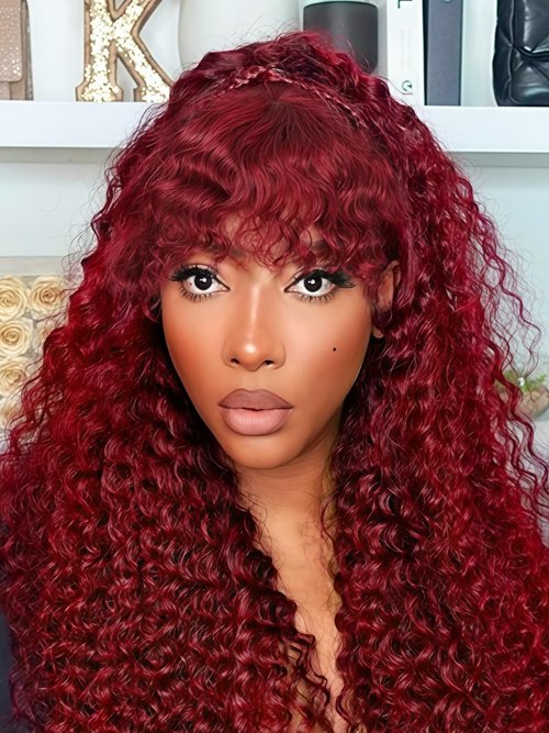 Doiwile Burgundy Curly Wig with Bangs Human Hair 4x4 HD Lace Glueless Wig Human Hair Curly Wave Human Hair Wigs with Bangs for Black Women (Burgundy, 20inch)