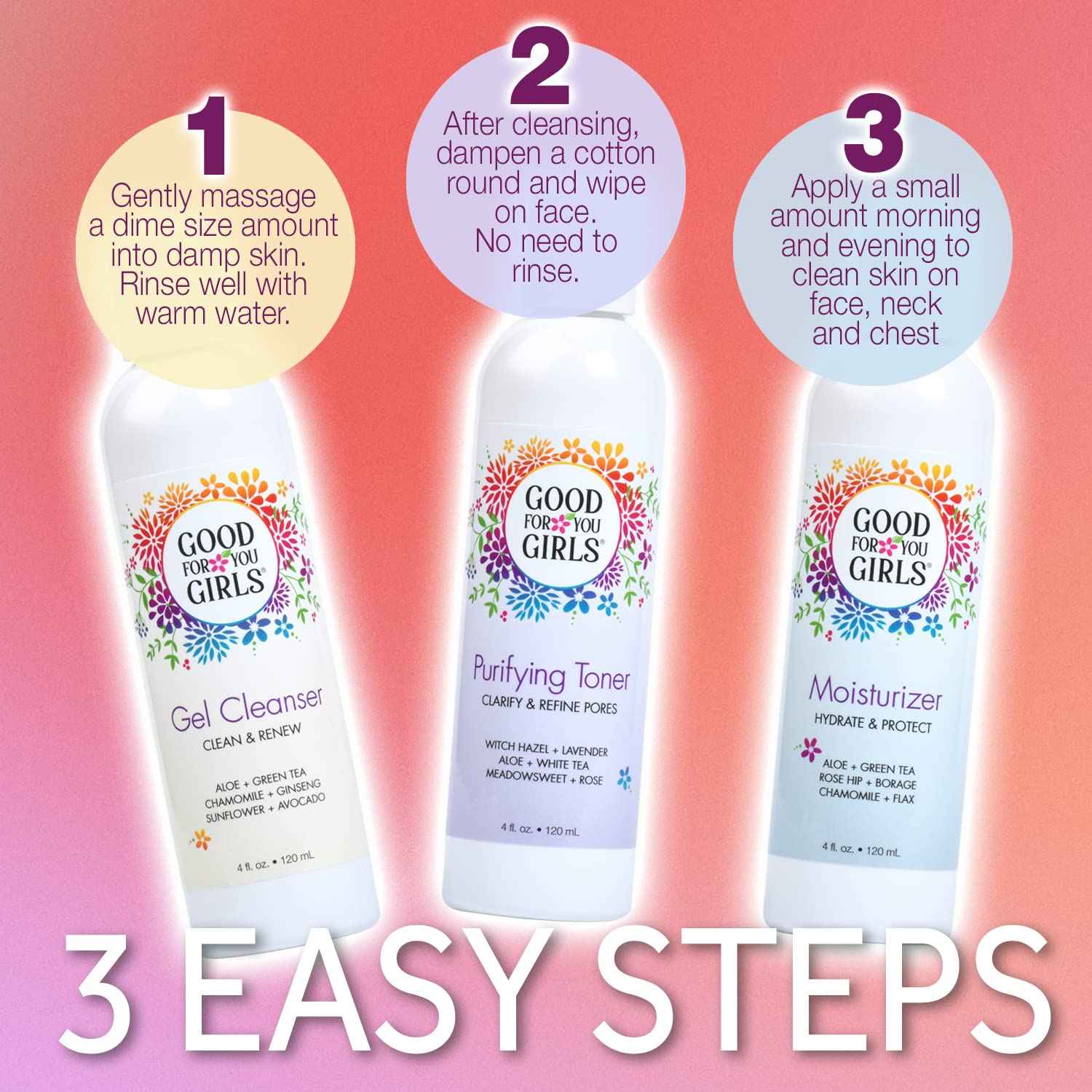 Good For You Girls Three-Step Skincare Gift Set - Cleanser, Toner & Moisturizer for Girls to Teens, Safe, Natural, Plant-Based ingredients. Vegan & Gluten-Free | 3 Piece, 4 oz ea.