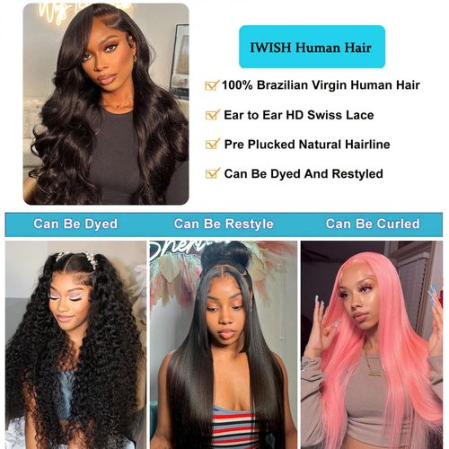 IWISH 5x5 Closure Wigs Human Hair Body Wave Lace Front Wigs Human Hair Pre Plucked for Black Women 180% Density Brazilian Virgin Hair Glueless Wigs 18 Inch