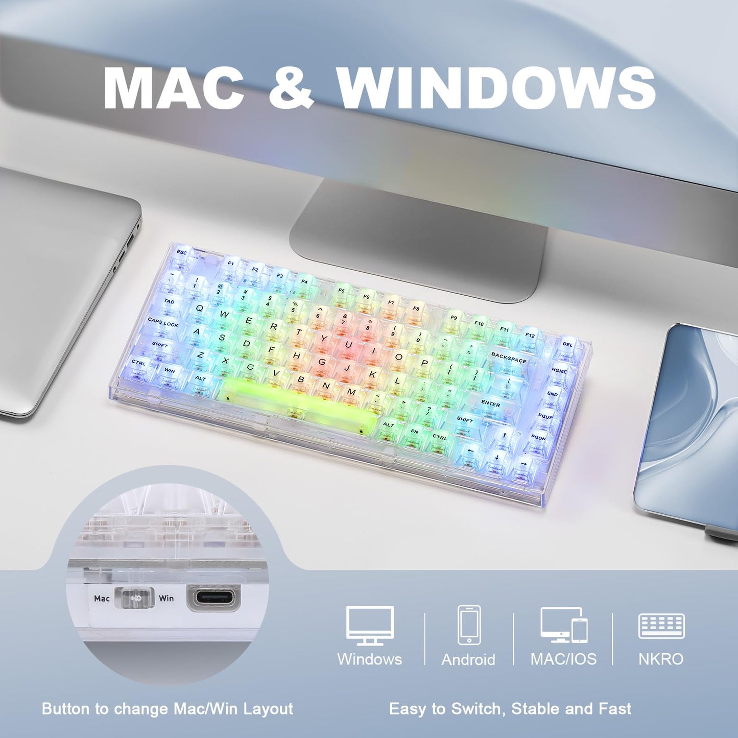 YUNZII X75 PRO 82 Key Wireless Hot Swappable Mechanical Gaming Keyboard with Transparent Keycaps,Gasket Mount,BT5.0/2.4G/USB-C for Windows/Mac(Crystal Ice Switch, Wireless-White)