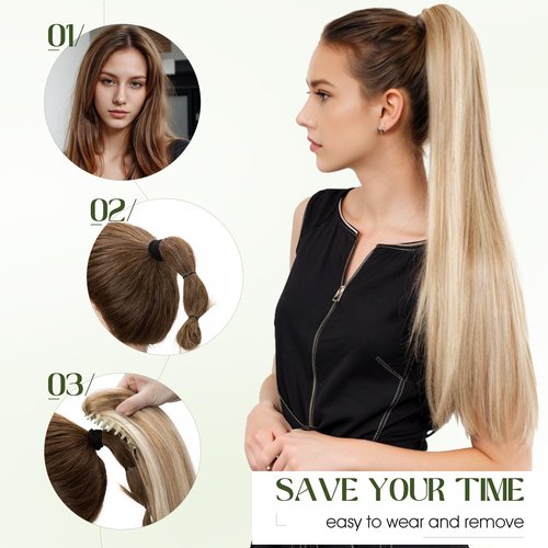 Charites Ponytail Extension, 16 Inch Claw Clip Ponytail Extension Human Hair Long Straight Jaw Clip in Real Hair Pony Tails Hairpieces for Women Natural Black