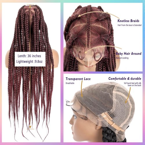 originea DAIXI 36" Full Lace Box Braided Wigs for Black Women, Full Knotless Hand-Knitted Synthetic Braided Wigs with Baby Hair, Soft and Skin-Friendly Silk Lace Back (Pre Partition, T1B/Bug)