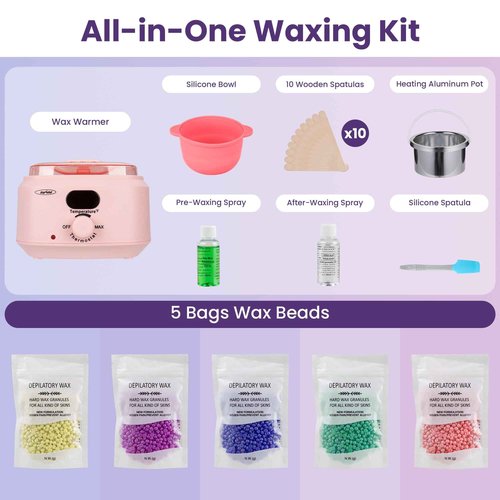 Sunvivi Wax Kit Digital Hair Removal Waxing Kit for Women & Men, Hot Wax Warmer Pot with 5 Bag Hard Wax Beads, Wax Melt Warmer Kit for Full Body, Legs, Face, Bikini,Sensitive skin, Pink