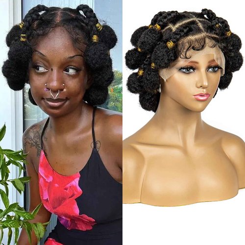 sedittyhair Bantu Braided Wigs for Black Women Transparent HD Full Lace Knotless Box Braided Wig Twist Cornrow Braids Synthetic Lace Front Braided Wigs with Baby Hair Handmade Faux Locs Wig (1B Color)