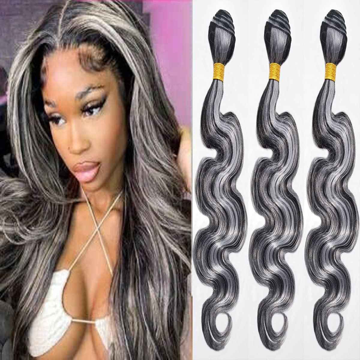 Giginger P1B/GREY Bundles Human Hair 26 28 30 inch Body Wave Human Hair Bundles Highlight Grey Brazilian Unprocessed Virgin Quick Weave Hair for Black Women