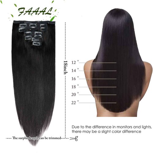 18" Clip in Human Hair Extensions Full Head 150g 7 Pieces 16 Clips Natural Black Double Weft Brazilian Real Remy Hair Extensions Thick Straight Silky (18",150g #1B)