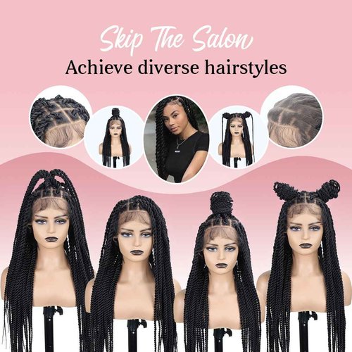 QUISDUIS Senegal Twist Wigs, 36 "360° HD Full Single-layer Lace Two Braid Wigs for Black Women Square Knotless 2 Braid Wig with Baby Hair Handmade Synthetic Hair Blended Lace Front Wig Natural Black