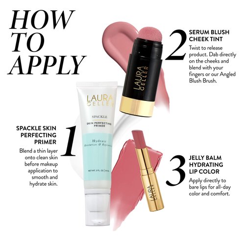 LAURA GELLER NEW YORK Hydration Heroes Kit: Spackle Primer, Hydrate + Jelly Balm Tinted Lip Balm, In the Buff + Serum Blush Cheek Tint (Just Peachy Lip Balm + Poppy Peach Blush)