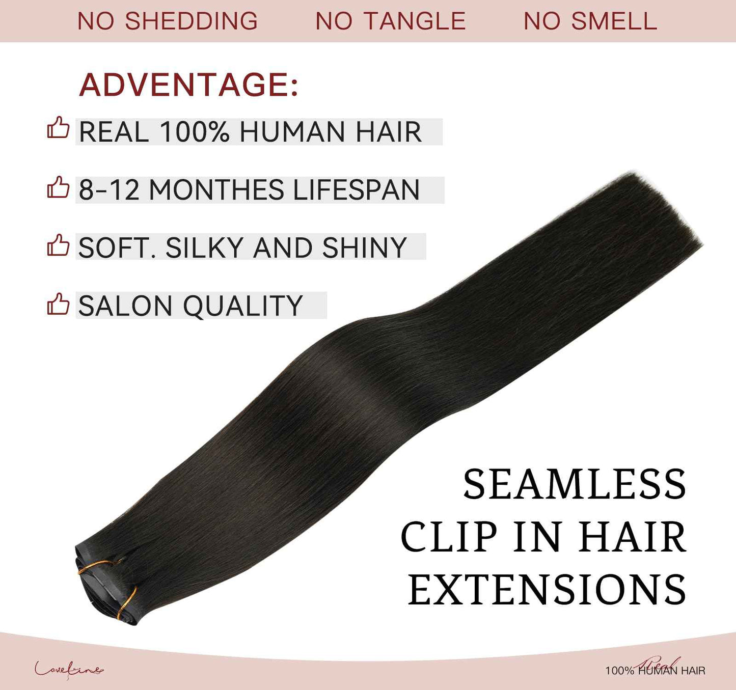 LOVELINE Seamless Clip in Hair Extensions Real Human Hair, Luxury Remy Human Hair Extensions Clip ins for Women, 24 Inch 110g 7Pcs, Off Black